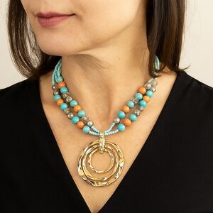 Boho Turquoise & Coral Colored Beaded  Necklace Gold Hammered Circle Pendant